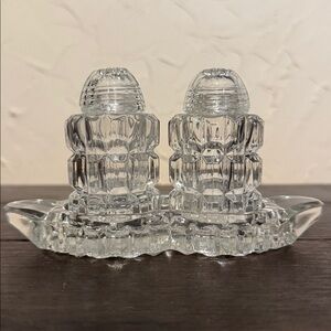 Vtg Bohemia Czech Clear Cut Crystal 3 Piece Salt & Pepper Shakers & with Tray.